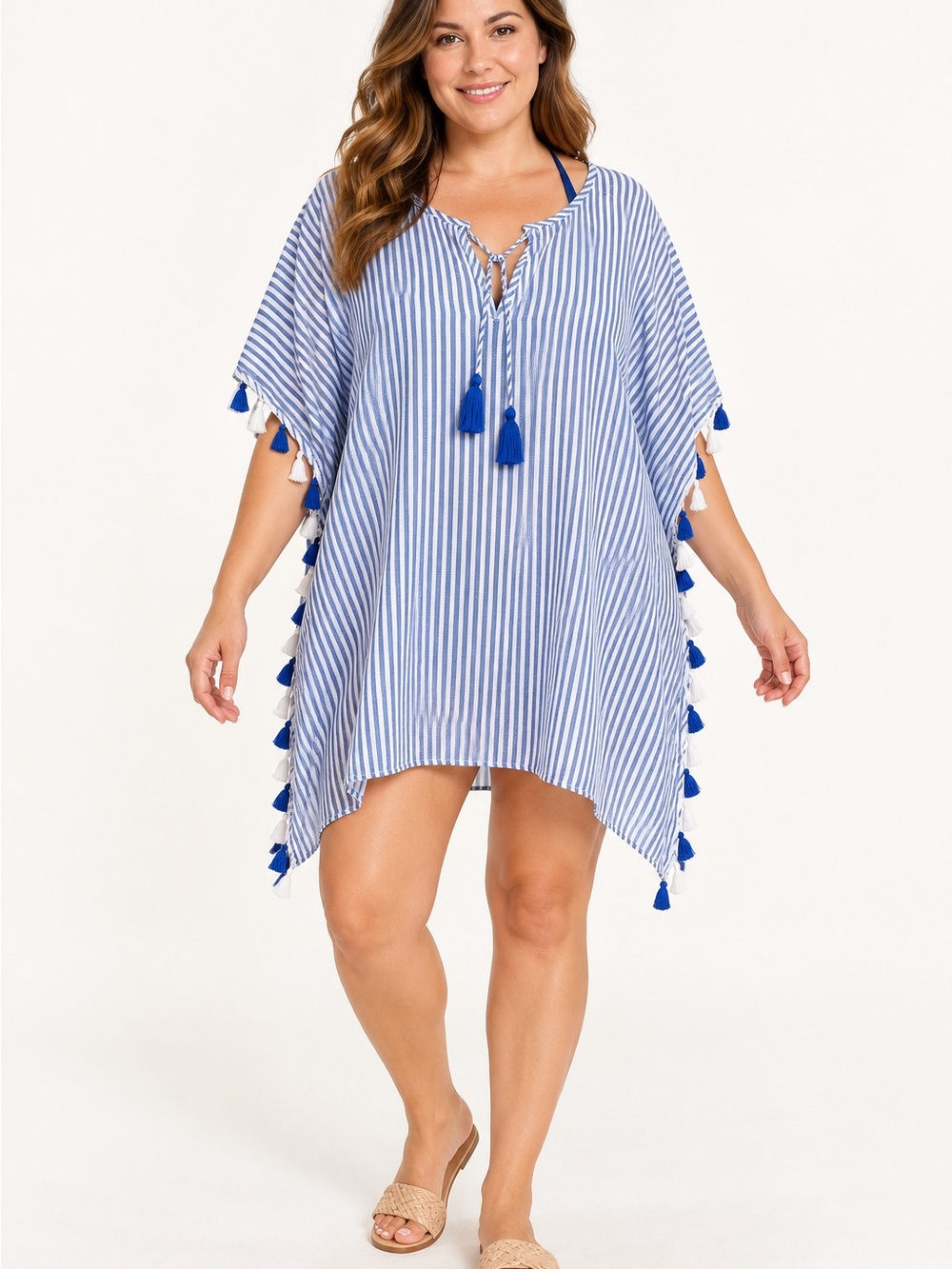 Striped Blue Tassel Swim Cover-Up Tunic